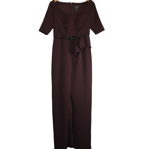 Adrianna Papell Long Knit Embellished Waist Dress, BlackBerry Wine - Picture 3 of 6